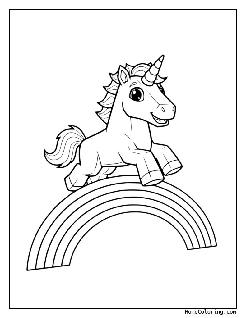 Roblox unicorn coloring page featuring a friendly cartoon unicorn with a flowing mane and tail standing on a rainbow in a black and white line drawing.
