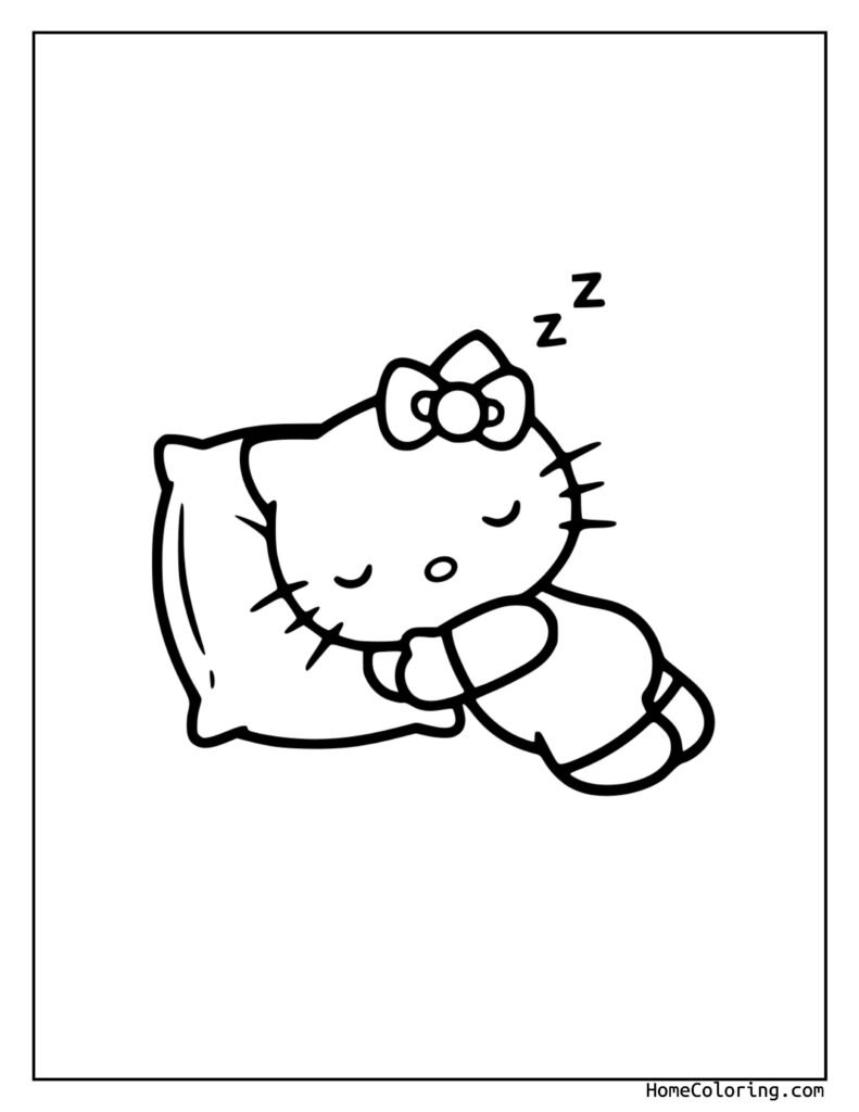 Sleeping Hello Kitty coloring page showing a peaceful line drawing of Hello Kitty asleep on a pillow with a Z symbol above her head.