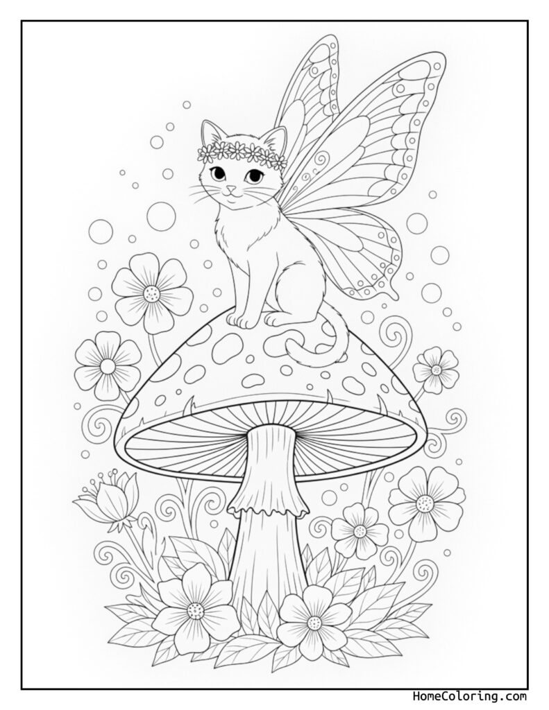 Cat fairy on mushroom coloring page featuring a winged cat with a flower crown sitting on a large mushroom surrounded by flowers and leaves.