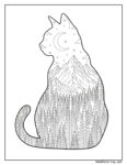 Cat on windowsill with floral wreath coloring page featuring a detailed cat silhouette filled with trees, mountains, stars, and a crescent moon for creative coloring.
