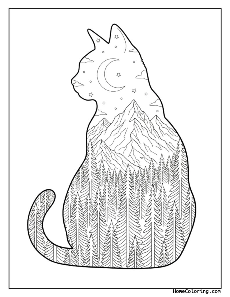 Cat on windowsill with floral wreath coloring page featuring a detailed cat silhouette filled with trees, mountains, stars, and a crescent moon for creative coloring.