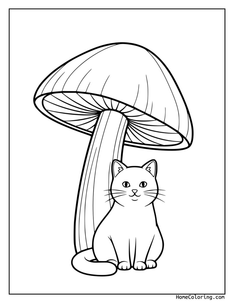 Cat with a mushroom coloring page showing a cute cat sitting under a large mushroom with detailed gills, perfect for kids to color.