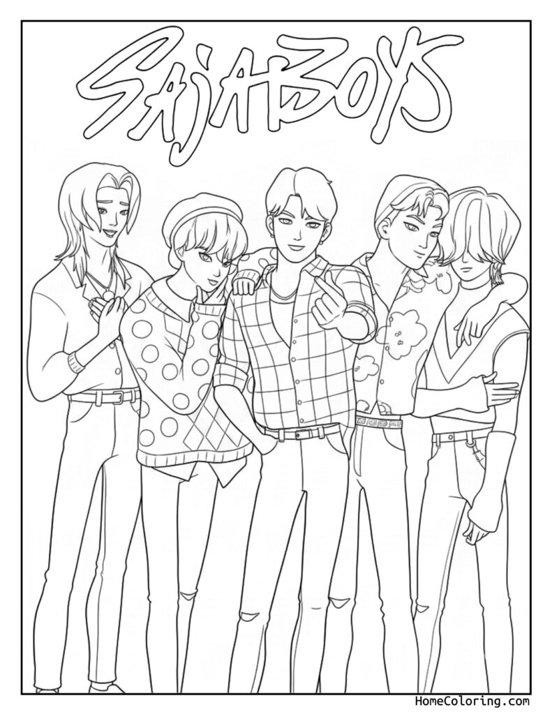 Saja Boys coloring page featuring a friendly group of five young individuals posing together in casual outfits with stylized text above them.