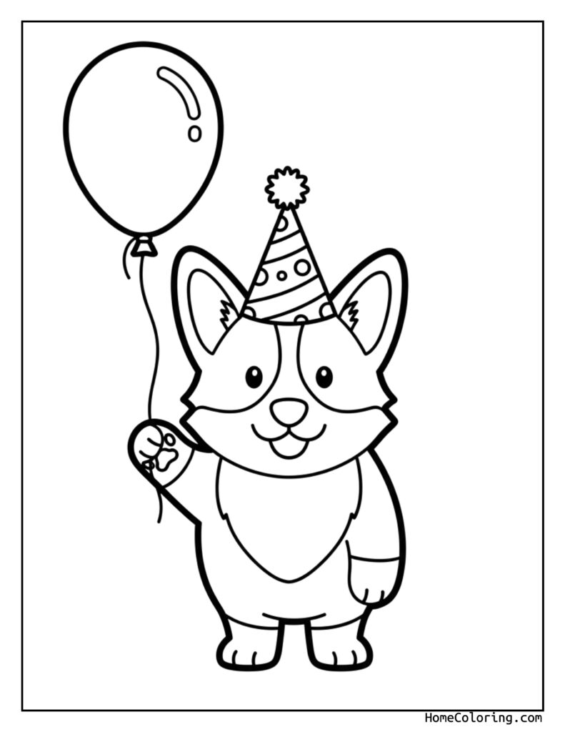 Cute corgi birthday party coloring page featuring a cartoon corgi dog wearing a party hat and holding a balloon, ready for kids to color.