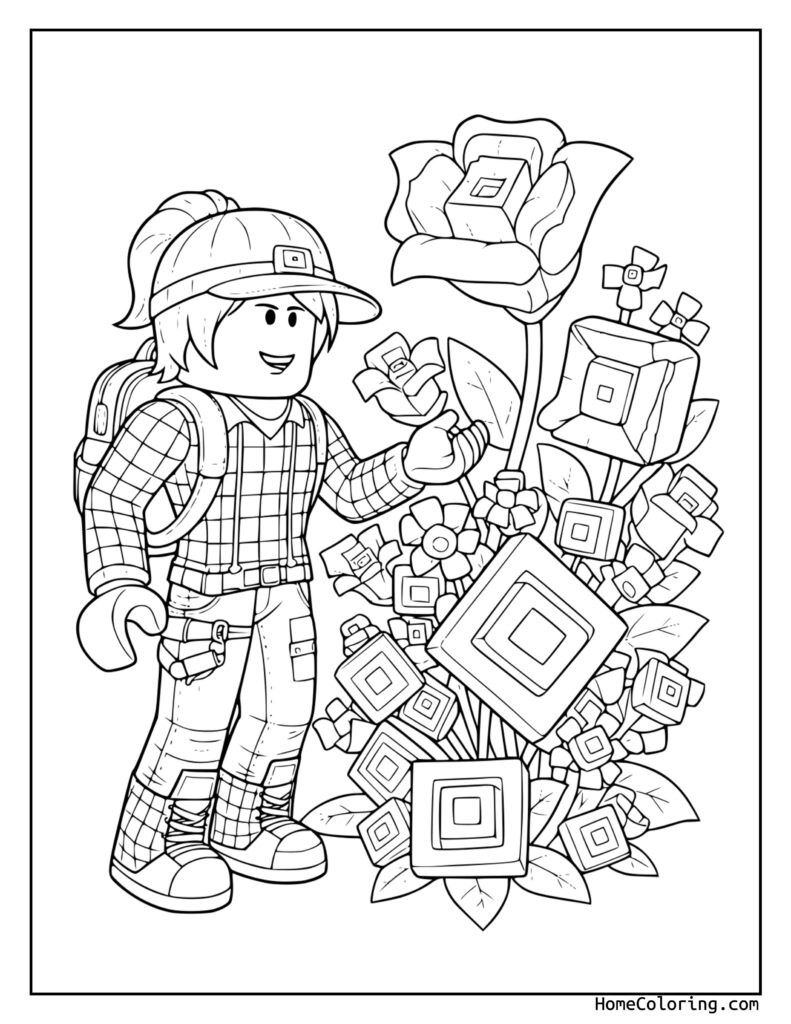 Free Roblox coloring page featuring a blocky character in a plaid shirt, overalls, and cap holding a geometric flower, surrounded by shapes and patterns.