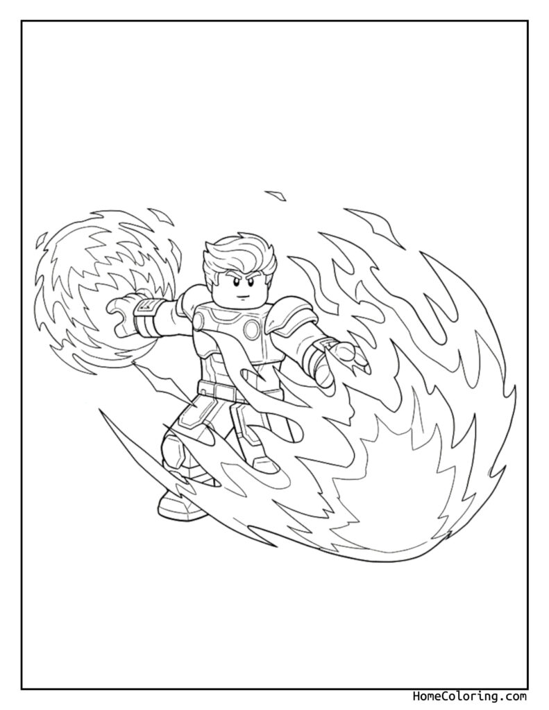 Free coloring page Roblox featuring a dynamic character in armor with energy effects, ready for kids to color and customize.