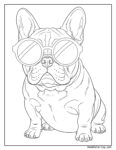 French Bulldog sunglasses coloring page featuring a detailed line drawing of a bulldog wearing large, round glasses, sitting and looking forward.