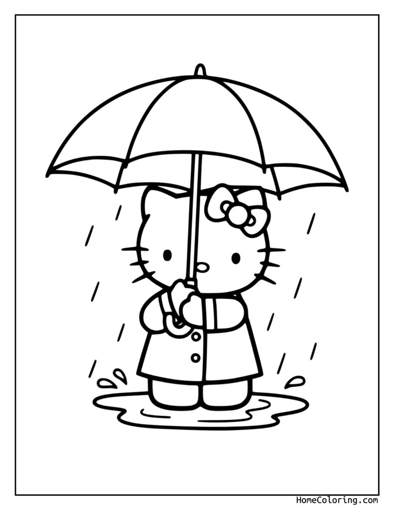 Hello Kitty standing under an umbrella in the rain, wearing a raincoat and bow, with raindrops and a puddle around her.