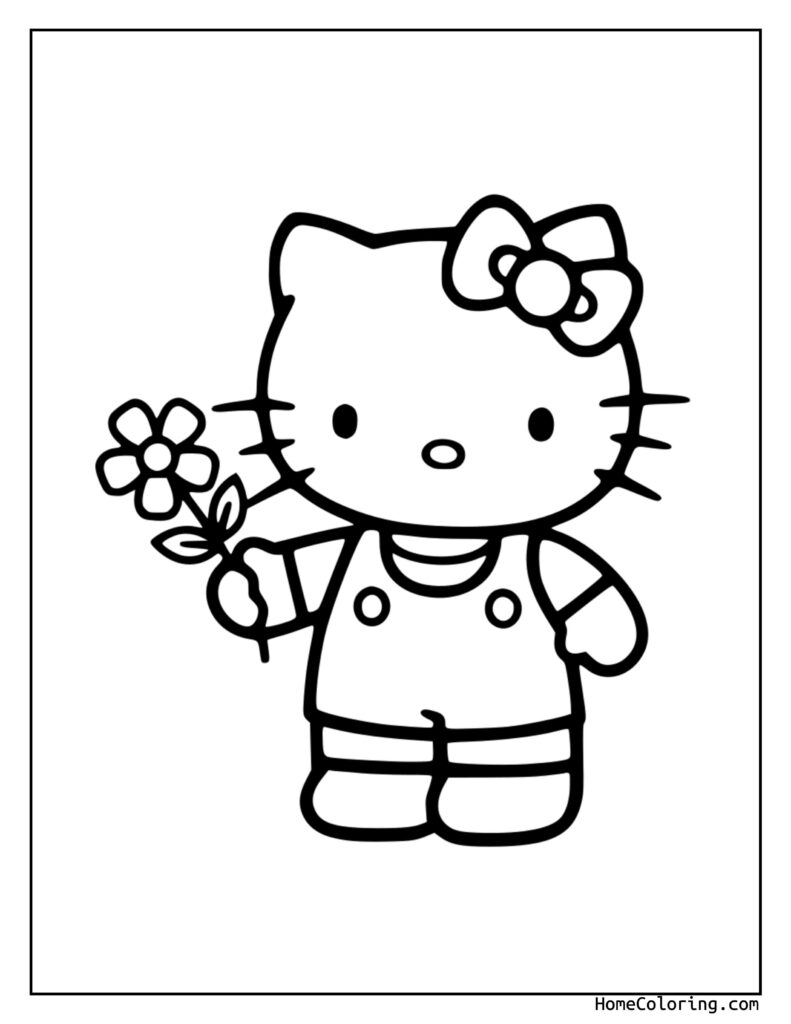 Hello Kitty printable coloring pages featuring a cute black and white line drawing of Hello Kitty holding a flower, wearing a bow and dress.