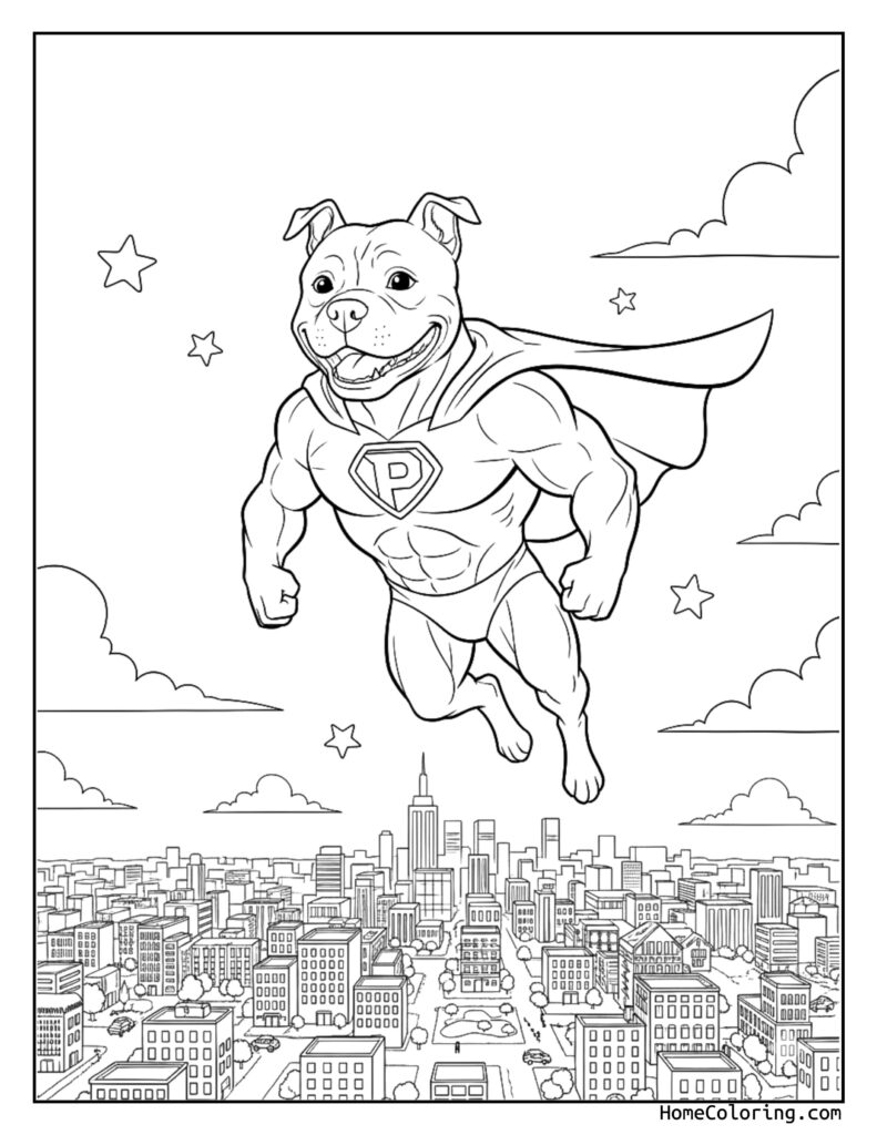 Pitbull superhero flying over a cityscape coloring page featuring a dog in a cape with a 'P' emblem, soaring above buildings, stars, and clouds.