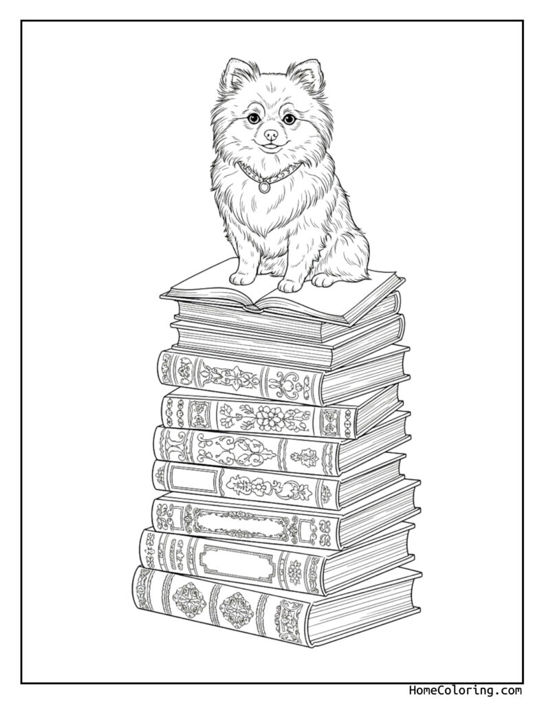 Pomeranian dog on books coloring page showing a fluffy puppy sitting on a tall stack of ornate books with an open top book