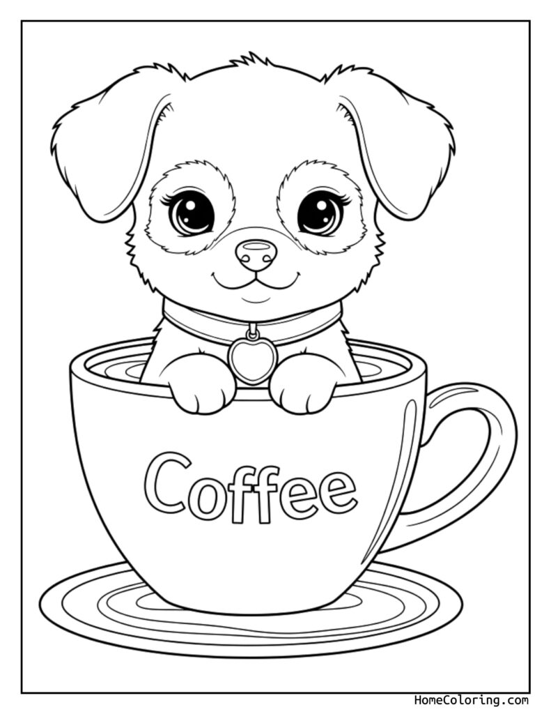 Puppy in coffee cup coloring page featuring a cute puppy sitting inside a coffee cup with the word 'Coffee' written on it, placed on a saucer with a friendly expression.