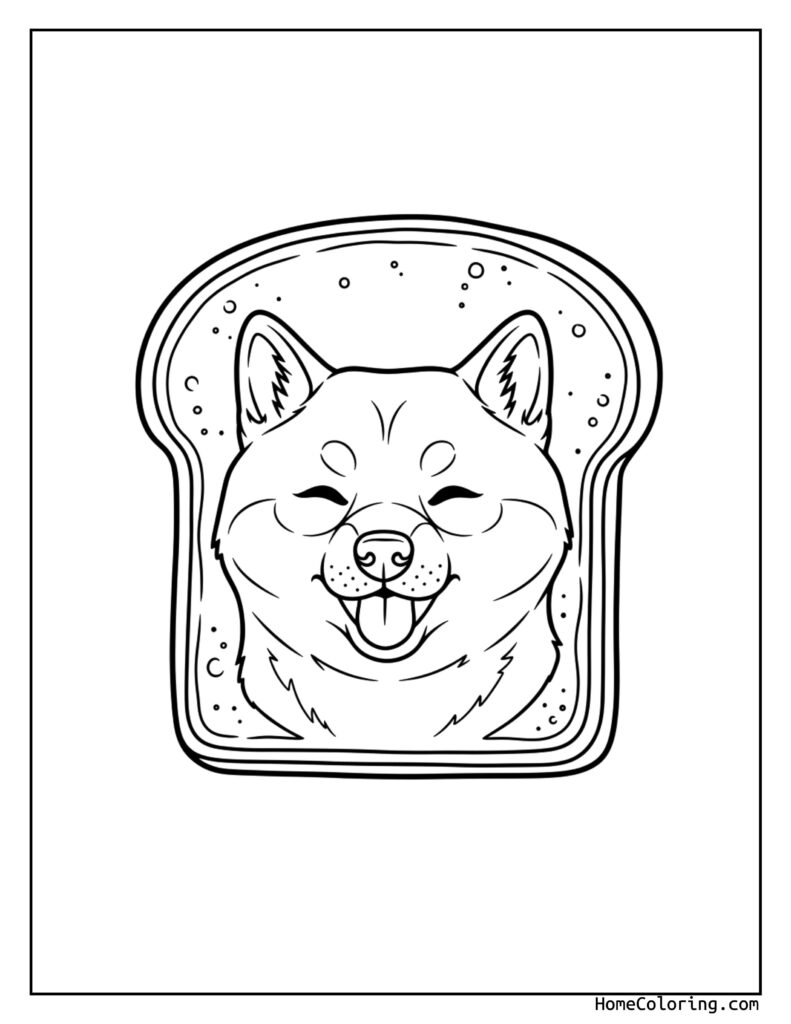 Shiba Inu bread loaf coloring page featuring a playful slice of toasted bread with a Shiba Inu dog's face, crumbs, and whimsical details for coloring fun.