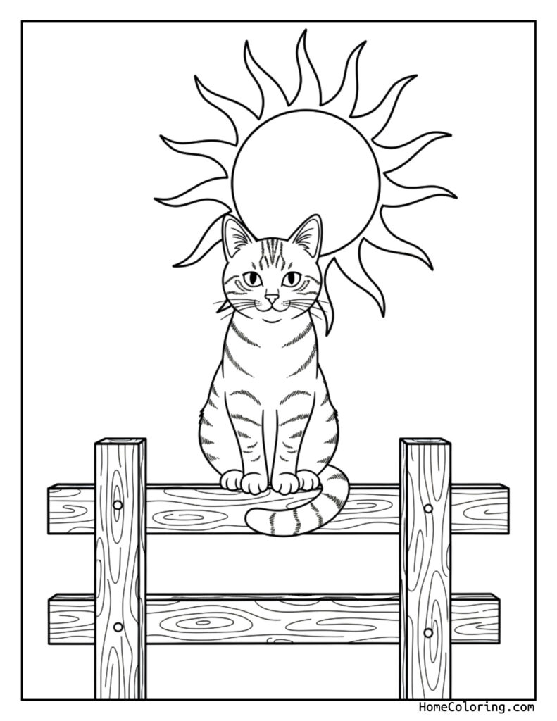 Tabby cat on wooden fence coloring page showing a striped cat sitting on a textured bench with a radiant sun in the background.