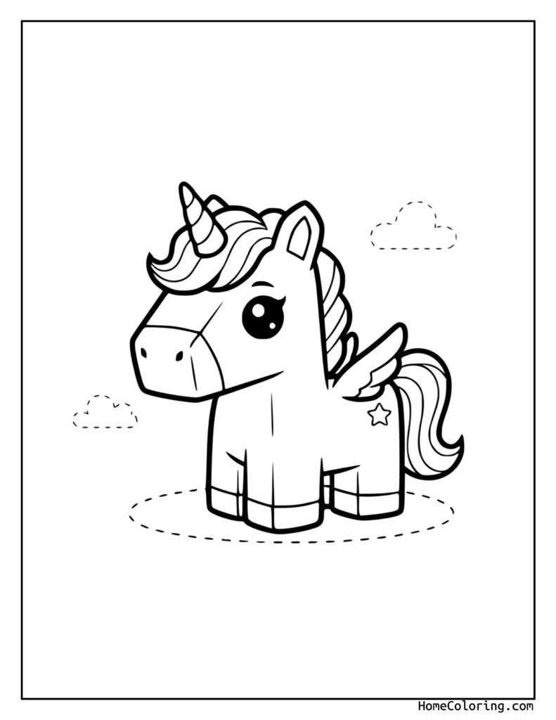 Unicorn Roblox coloring page featuring a cute unicorn with a spiraled horn, flowing mane, long tail with a star, and floating clouds.